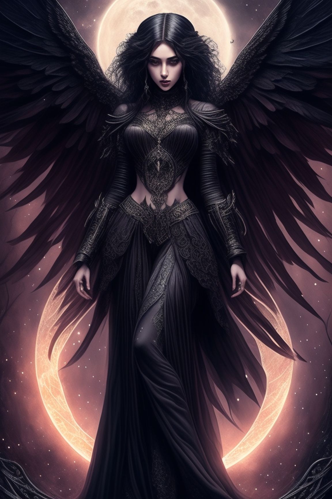 Centered, Photography, Realistic, ornate, intricate details, beautiful dark angel, gilter, moon scene, galaxy, gothic style, hyper-realistic fantasy art, digital illustration, black pastel, magic witchcraft, Cinematic, Beautiful, Ultra detailed, Dramatic Lighting