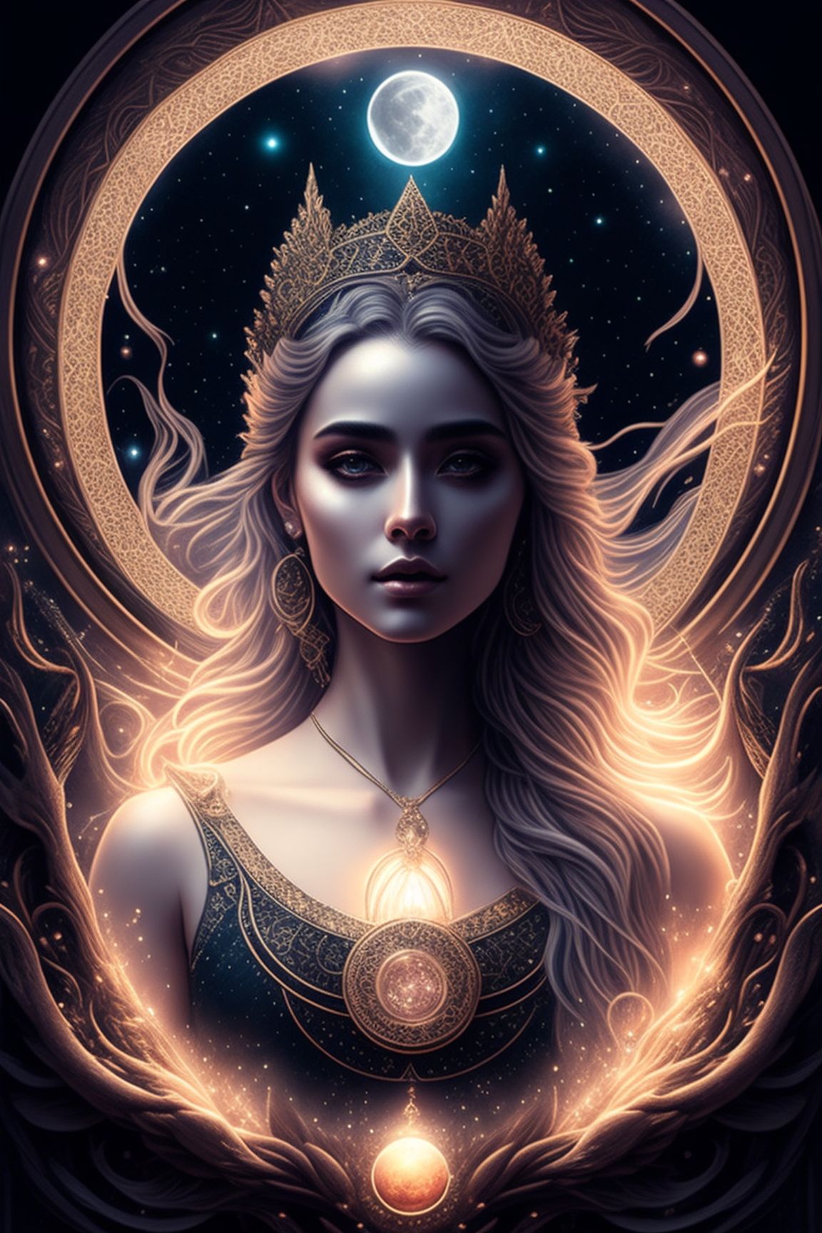 Centered, Photography, Realistic, ornate, intricate details, beautiful celestial goddess, gilter, moon scene, galaxy, hyper-realistic fantasy art, digital illustration, black pastel, magic witchcraft, Cinematic, Beautiful, Ultra detailed, Dramatic Lighting