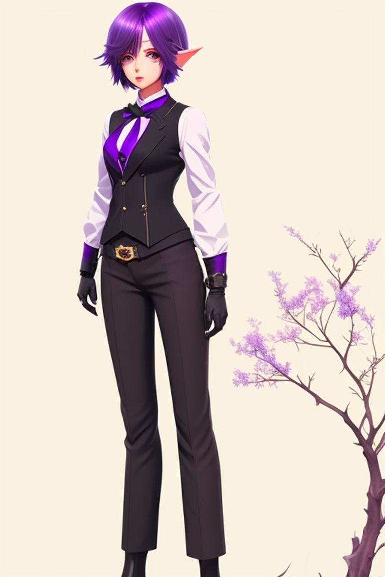 cool-mule208: 17-year-old elf girl with short purple hair wearing an  elegant black suit with violet trim