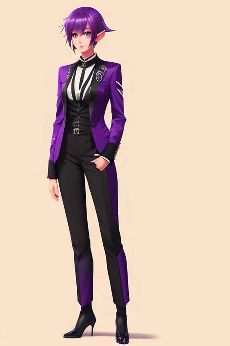 cool-mule208: 17-year-old elf girl with short purple hair wearing an  elegant black suit with violet trim