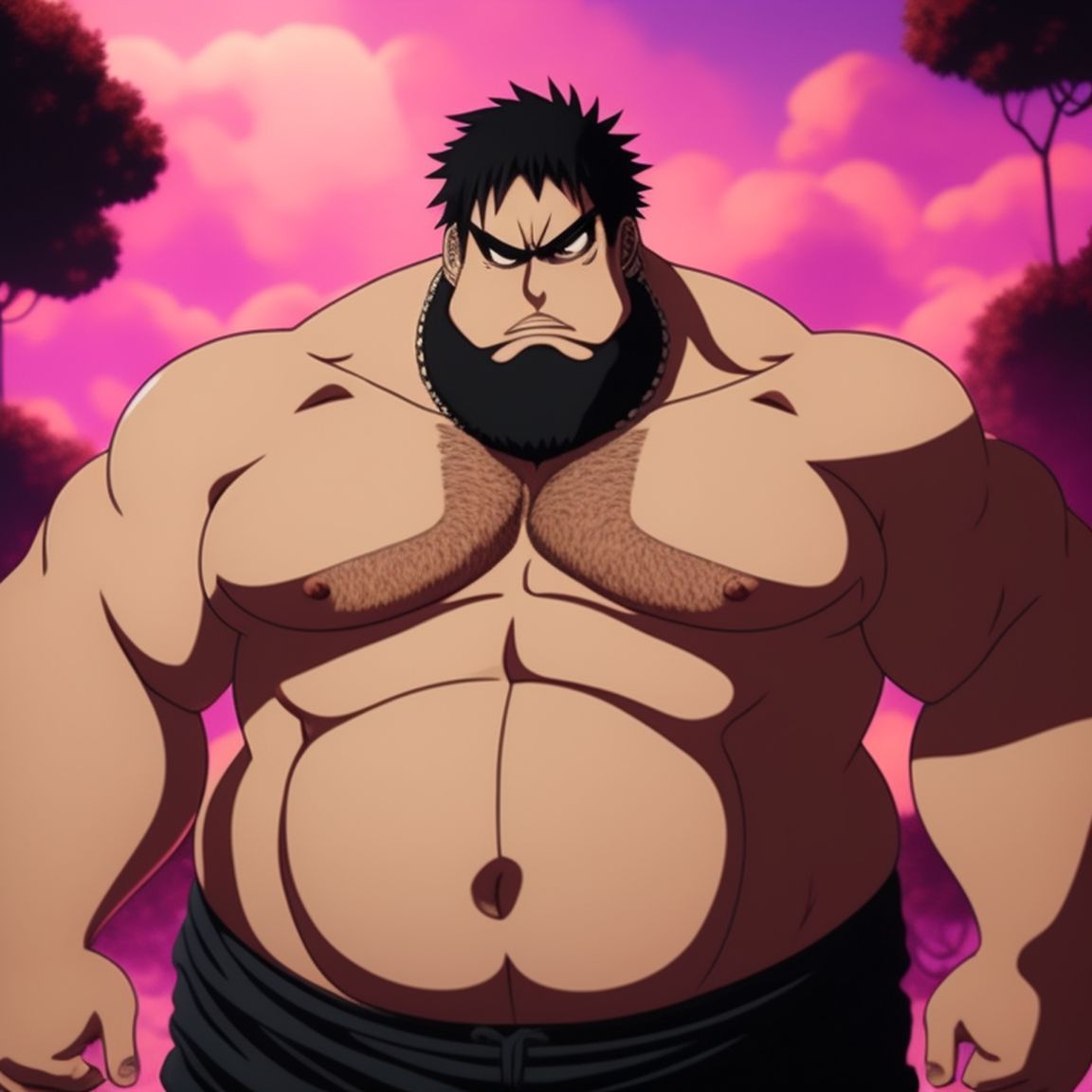 prize-badger623: A fully body shot of a fat male half-giant in the style of  one piece anime with short brown hair and a neckbeard and a very prominent  fat wide round pot