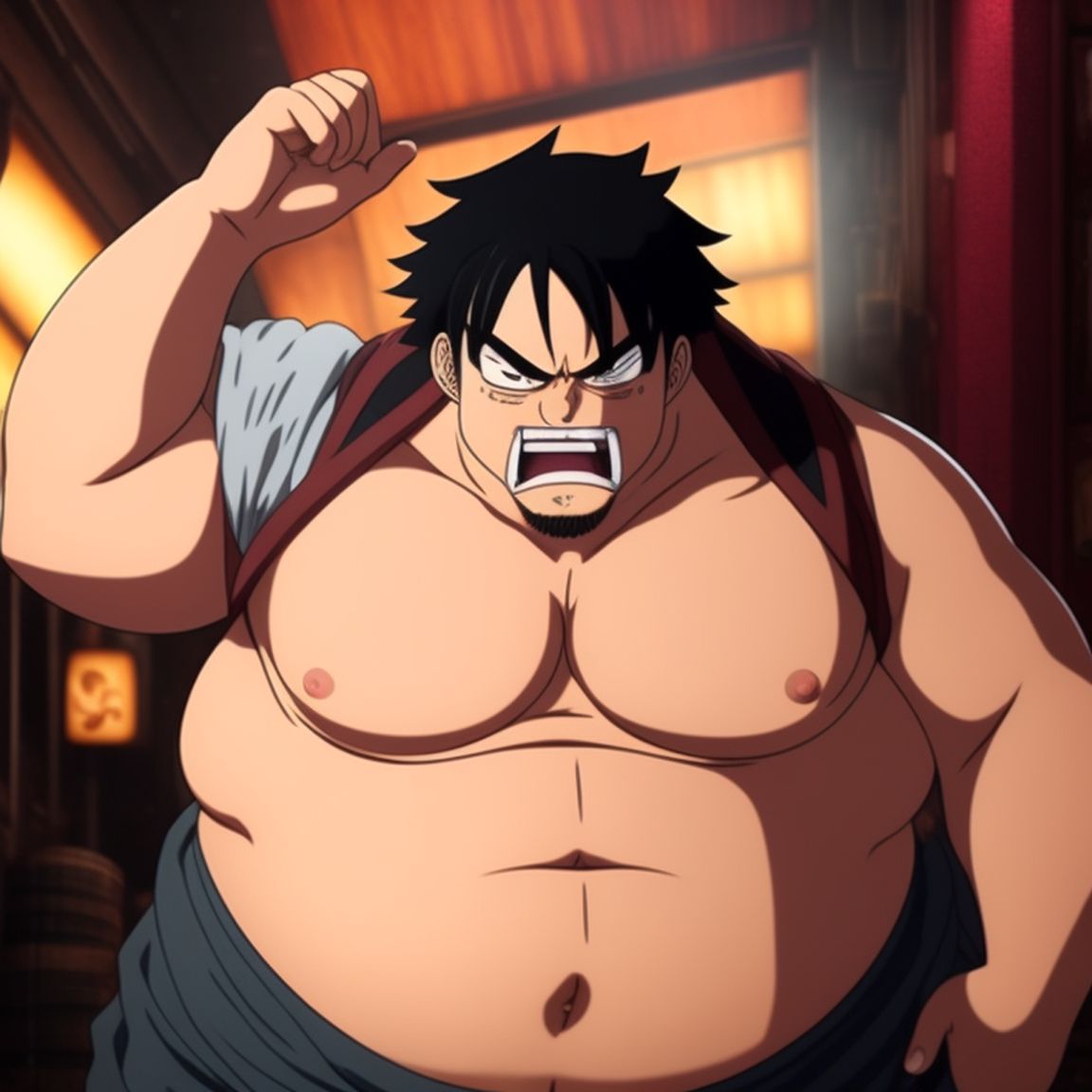 prize-badger623: A fully body shot of a fat male half-giant in the style of  one piece anime with short brown hair and a neckbeard and a very prominent  fat wide round pot