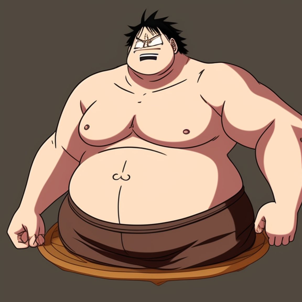 prize-badger623: A fully body shot of a fat male half-giant in the style of  one piece anime with short brown hair and a neckbeard and a very prominent  fat wide round pot