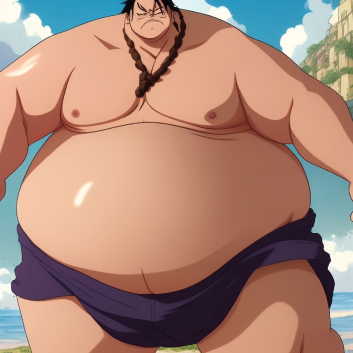 prize-badger623: A fully body shot of a fat male half-giant in the style of  one piece anime with short brown hair and a neckbeard and a very prominent  fat wide round pot