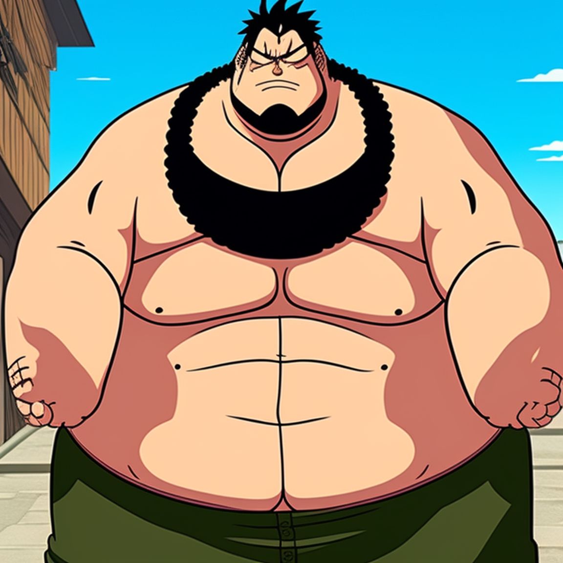 prize-badger623: A fully body shot of a fat male half-giant in the style of  one piece anime with short brown hair and a neckbeard and a very prominent  fat wide round pot