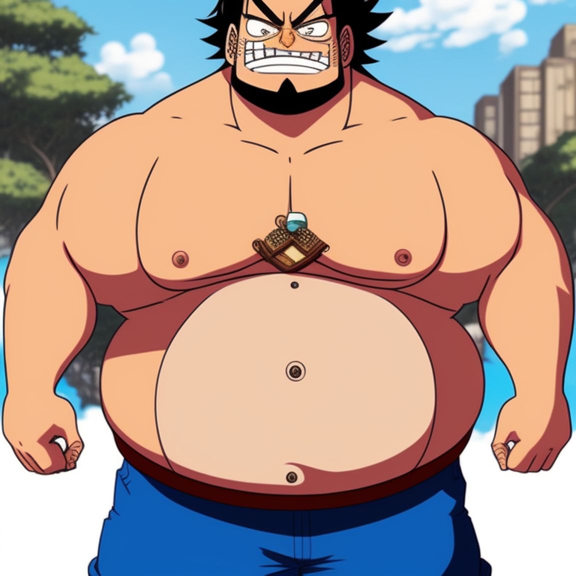 prize-badger623: A fully body shot of a fat male half-giant in the style of  one piece anime with short brown hair and a neckbeard and a very prominent  fat wide round pot