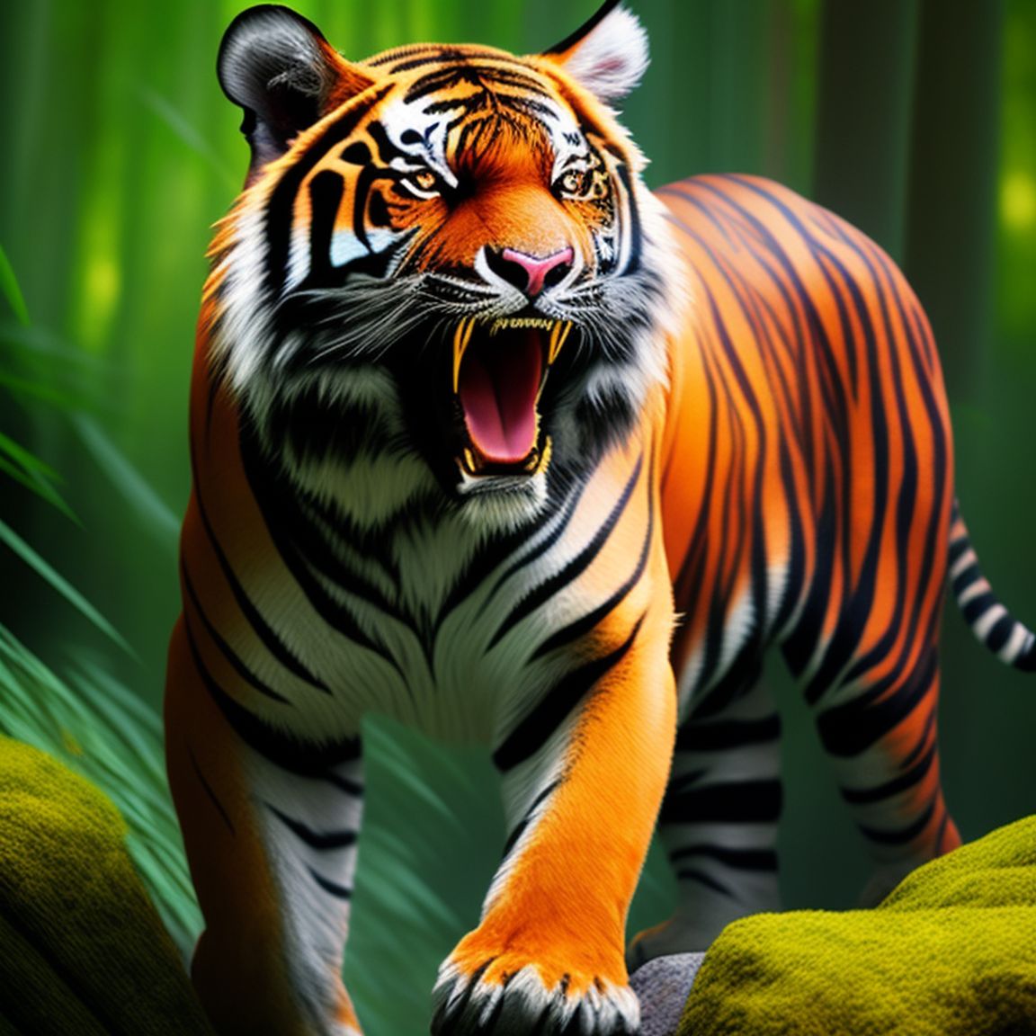 Harsh-ferret834: A Tiger With Stripes And Sharp Teeth, Poised To Attack.