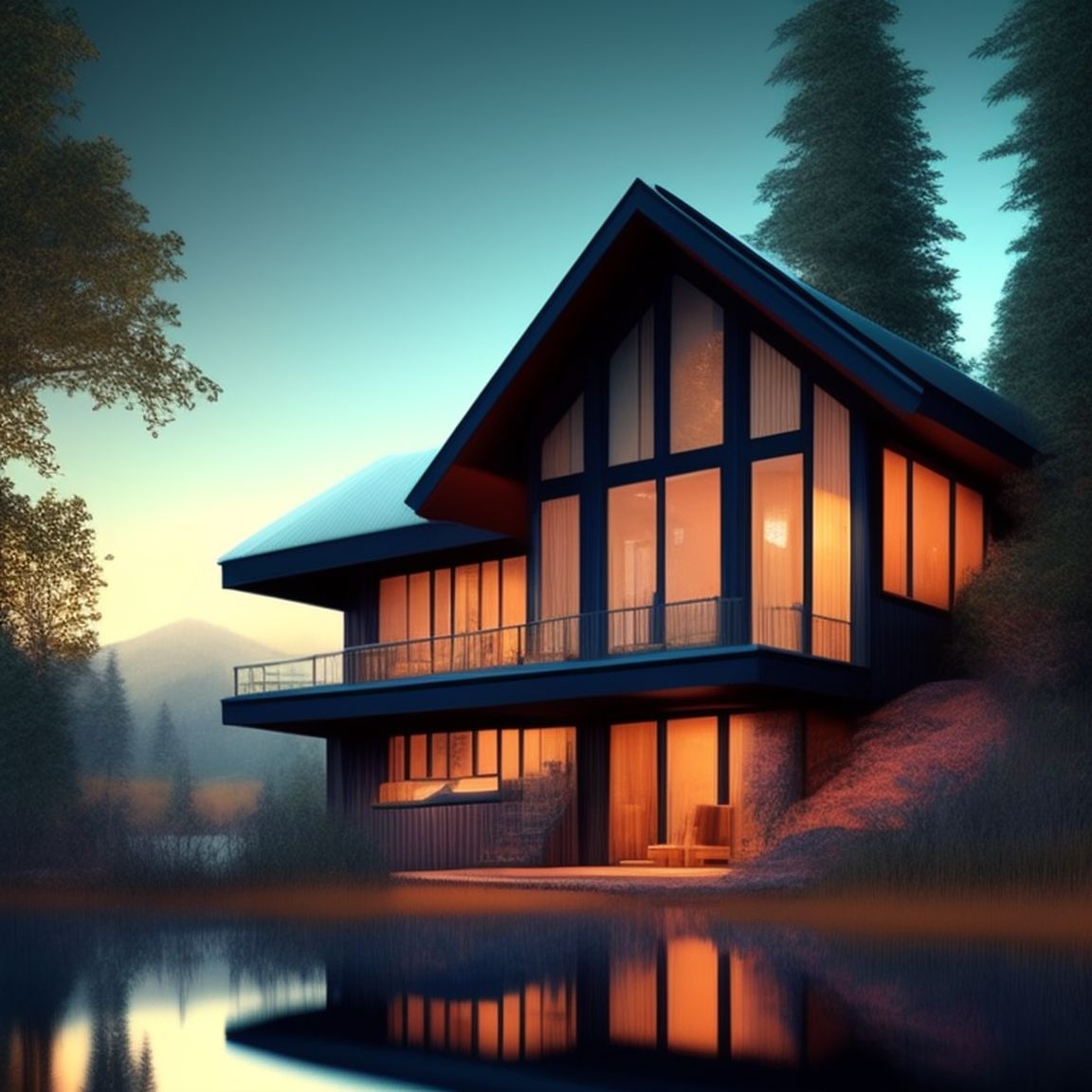 grand-ram987: /imagine prompt: A realistic cabin located in the middle of a  lush forest, with a sports car parked next to it, next to a beautiful blue  lake. The cabin should have
