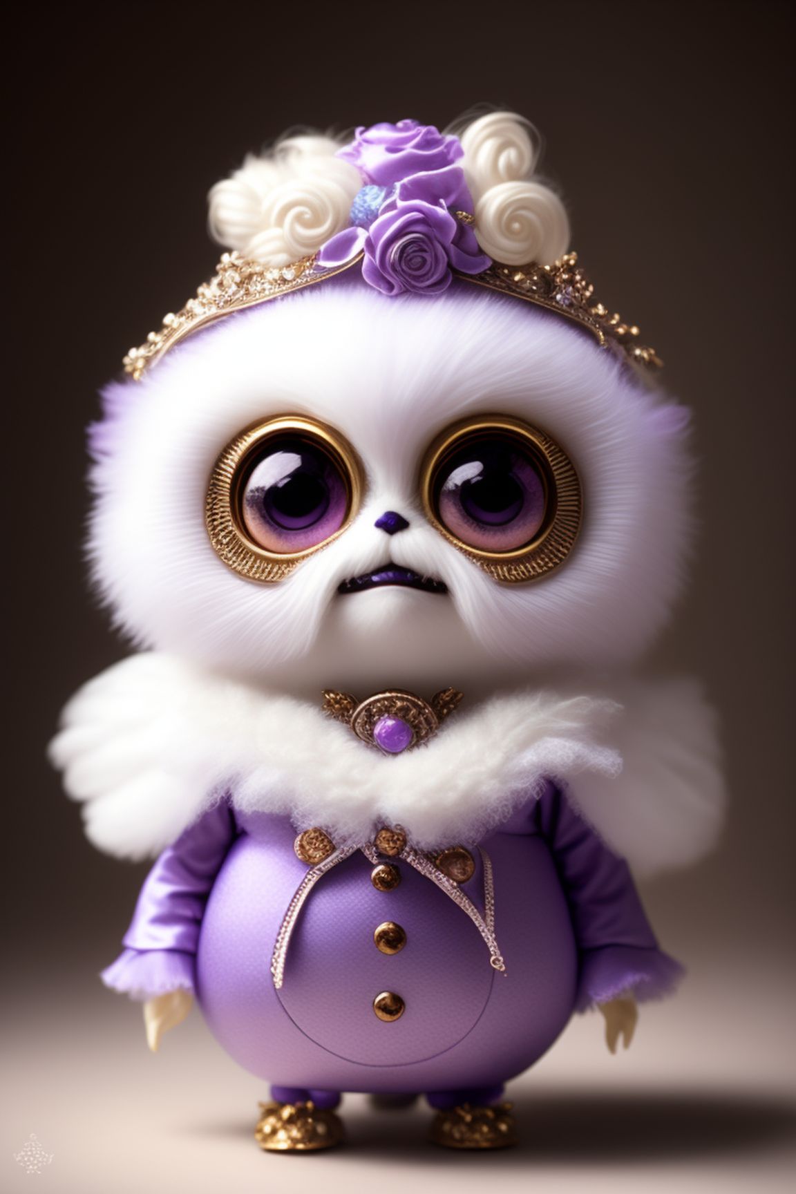 very cute tiny, french rococo style, anthropomorphic furby, lilac dress, white hair, marie antoinette style, louvre apartments, rim lighting, adorable big eyes, small, By greg rutkowski, chibi, Perfect lighting, Sharp focus