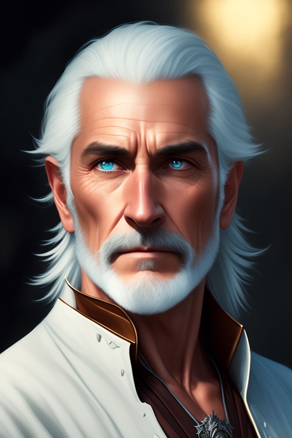 D&D portrait of, Older Male Dragon Rider Ranger. He has blue dragon eyes. Silver hair with a hint blue kept neatly in a half ponytail and a short beard. Platinum dragon companion., fantasy d&d style, Rim lighting, perfect line quality, high pretty realistic quality oil painting, art by norman rockwell, Centered, dark outlines, perfect white balance, color grading, 16K, Dynamic pose, Sharp, Sharp edges