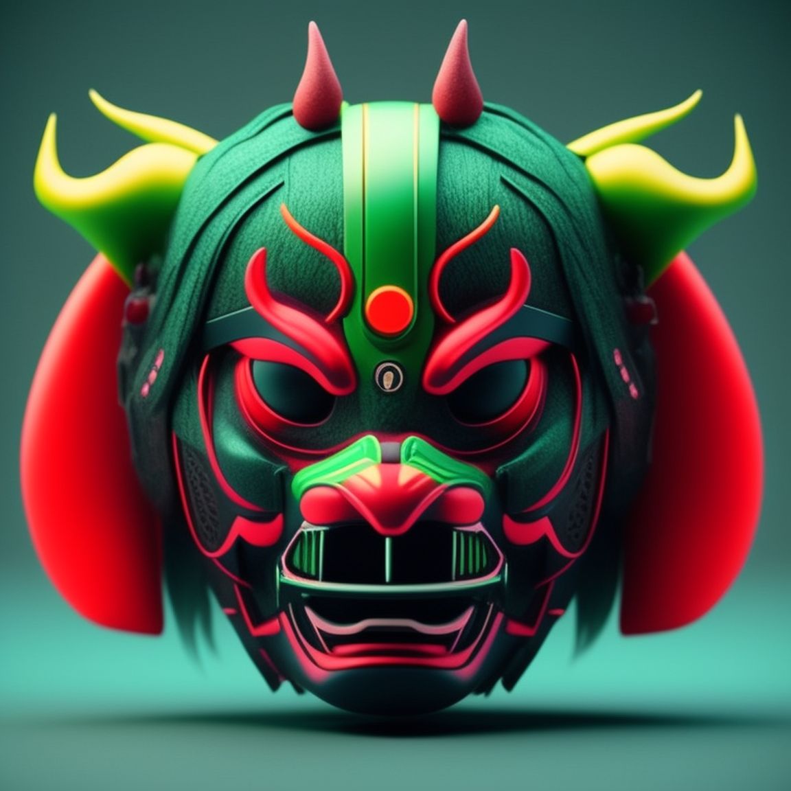 wrathful-elk755: A 3D render of a cursed japanese yokai mask, cyberpunk