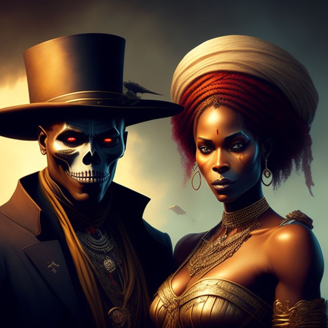 photorealistic picture of Baron Samedi with his wife Maman Brigitte, who is a redhaired Irish woman, skeletal faces, Warm lighting, Intricate details, Sharp focus, Fantasy, Greek mythology, art by magali villeneuve and greg rutkowski.