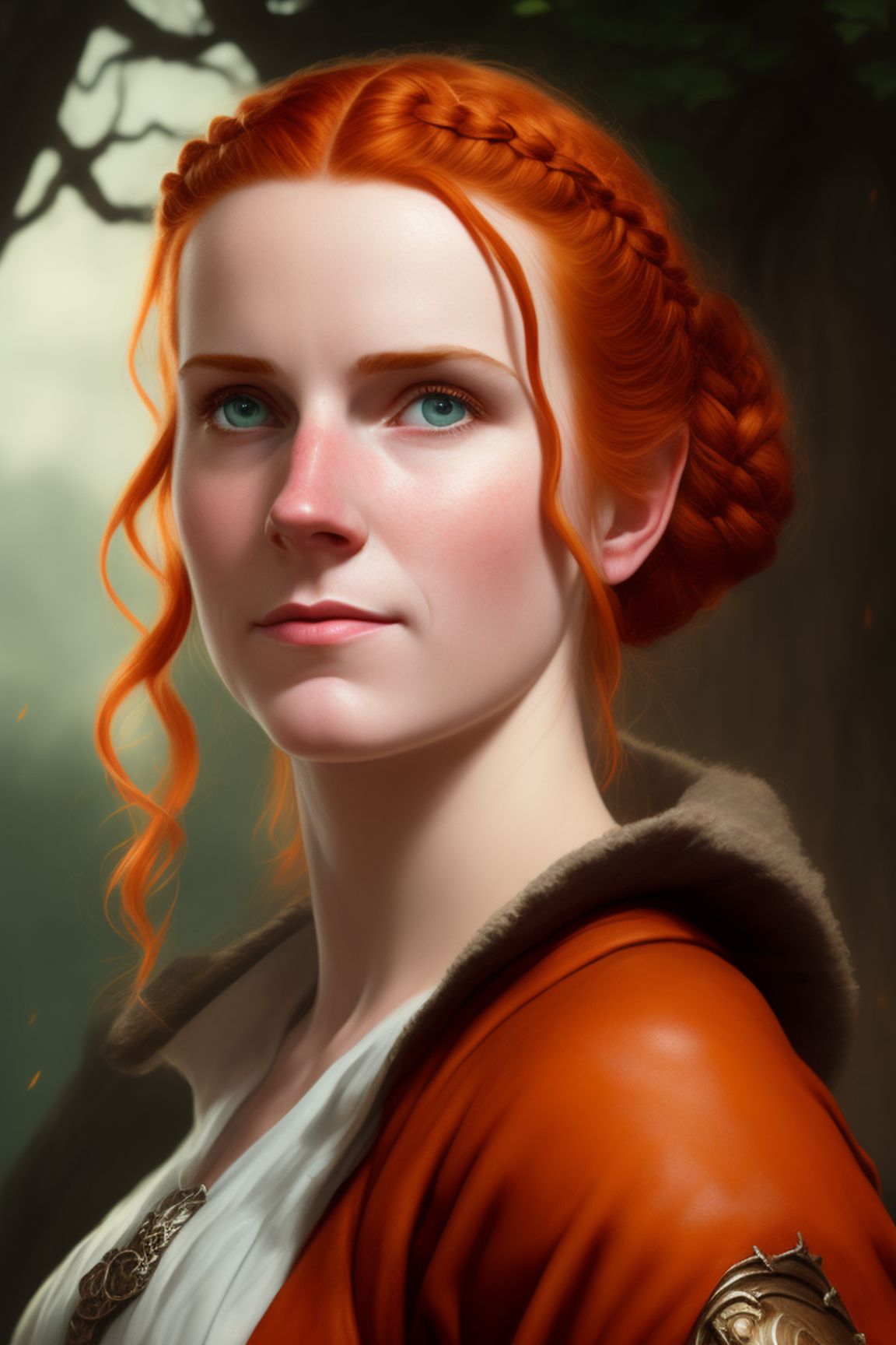 KitFox young adult woman, orange red hair, braid hairstyle, fit