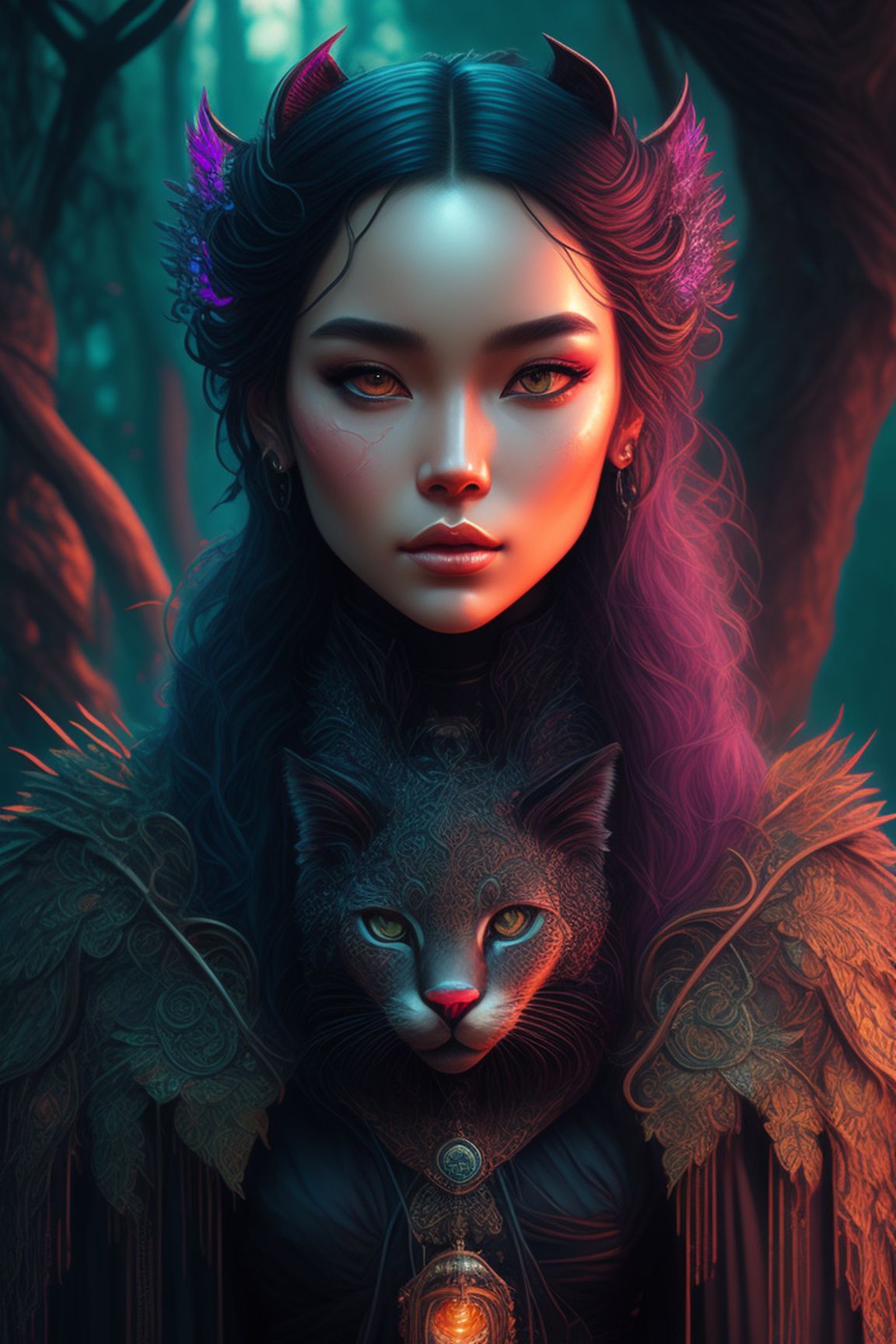 Beautiful hyperrealistic detailed character portrait, realistic lighting, slim build, background: nighttime forest ruins with mist , cute slim pretty puma face, black tabaxi jaguar female sorceress with black fur, fur on face is jet black, bright green eyes, eyes shining bright, show space over head to the top of the frame, feminine facial features, dark fantasy, detailed textures, digital portrait, intricate cloak black trimmed with silver and purple, vivid colors, fiverr dnd character, wlop, stanley artgerm lau, ilya kuvshinov, artstation, HD, octane render, Dark, Stylized, Cyberpunk, Branding, Futuristic, Urban, Detailed, Beautiful face, Realism, Intricate, Cool, Neon, Technology, Virtual, Digital, set in a lush garden background with warm lighting, Intricate details, oil painting style, Trending on Artstation, art by audrey kawasaki and tran nguyen and rebecca guay and greg ruth and donato giancola, Sharp focus, digital illustration.