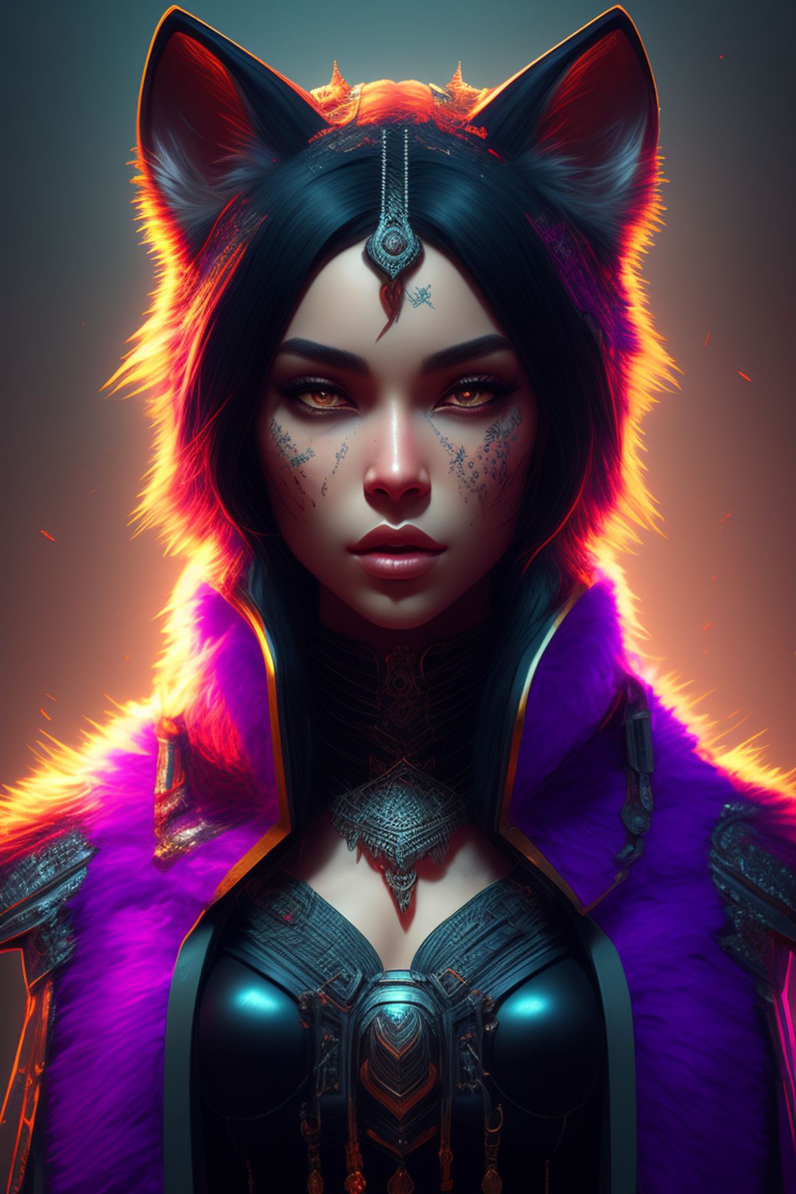 Beautiful hyperrealistic detailed character portrait, realistic lighting, slim build, background: nighttime forest ruins with mist , cute slim pretty puma face, black tabaxi jaguar female sorceress with black fur, fur on face is jet black, bright green eyes, eyes shining bright, show space over head to the top of the frame, feminine facial features, dark fantasy, detailed textures, digital portrait, intricate cloak black trimmed with silver and purple, vivid colors, fiverr dnd character, wlop, stanley artgerm lau, ilya kuvshinov, artstation, HD, octane render, Dark, Stylized, Cyberpunk, Branding, Futuristic, Urban, Detailed, Beautiful face, Realism, Intricate, Cool, Neon, Technology, Virtual, Digital, Highly detailed, Warm lighting, Vibrant, Intricate, Digital painting, Artstation, Concept art, Sharp focus.