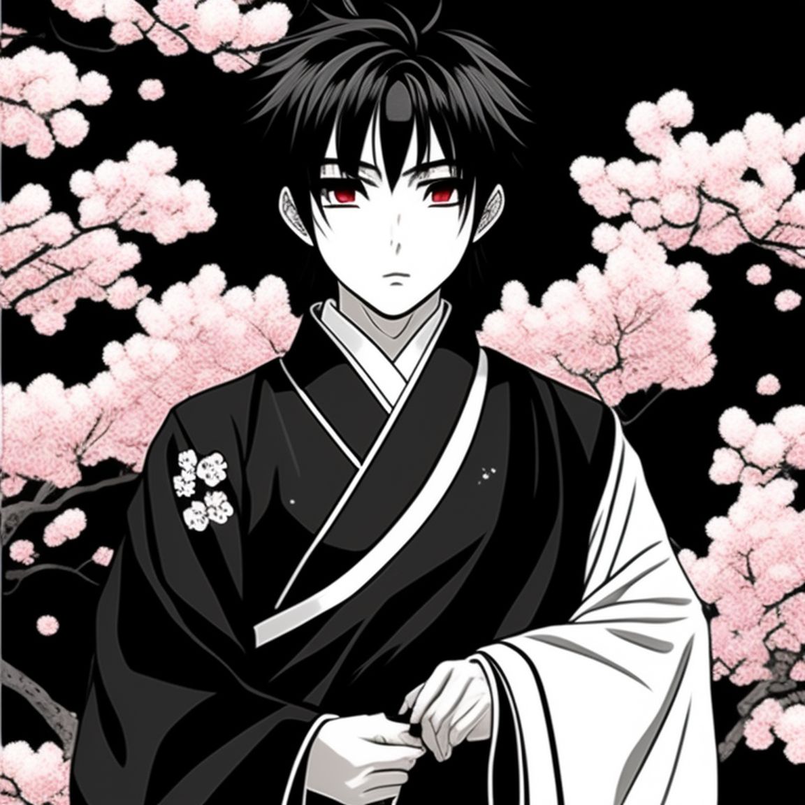 manga anime boy in black and white wearing a kimono with sakura pattern, Japanese anime comic style, Anime style, Anime line art