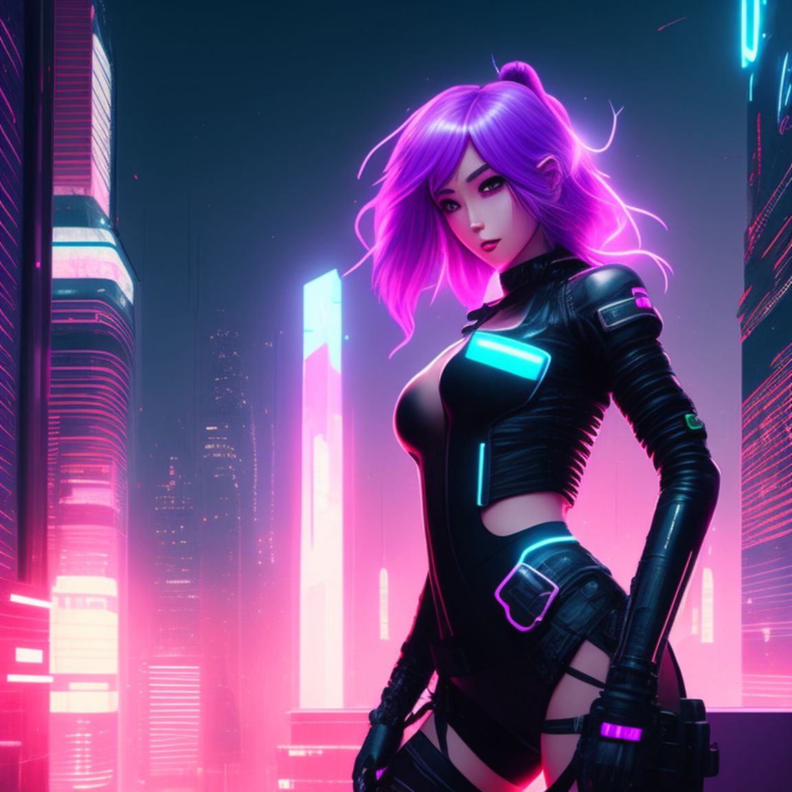 anime cyberpunk girl wearing futuristic outfit in a neon city at