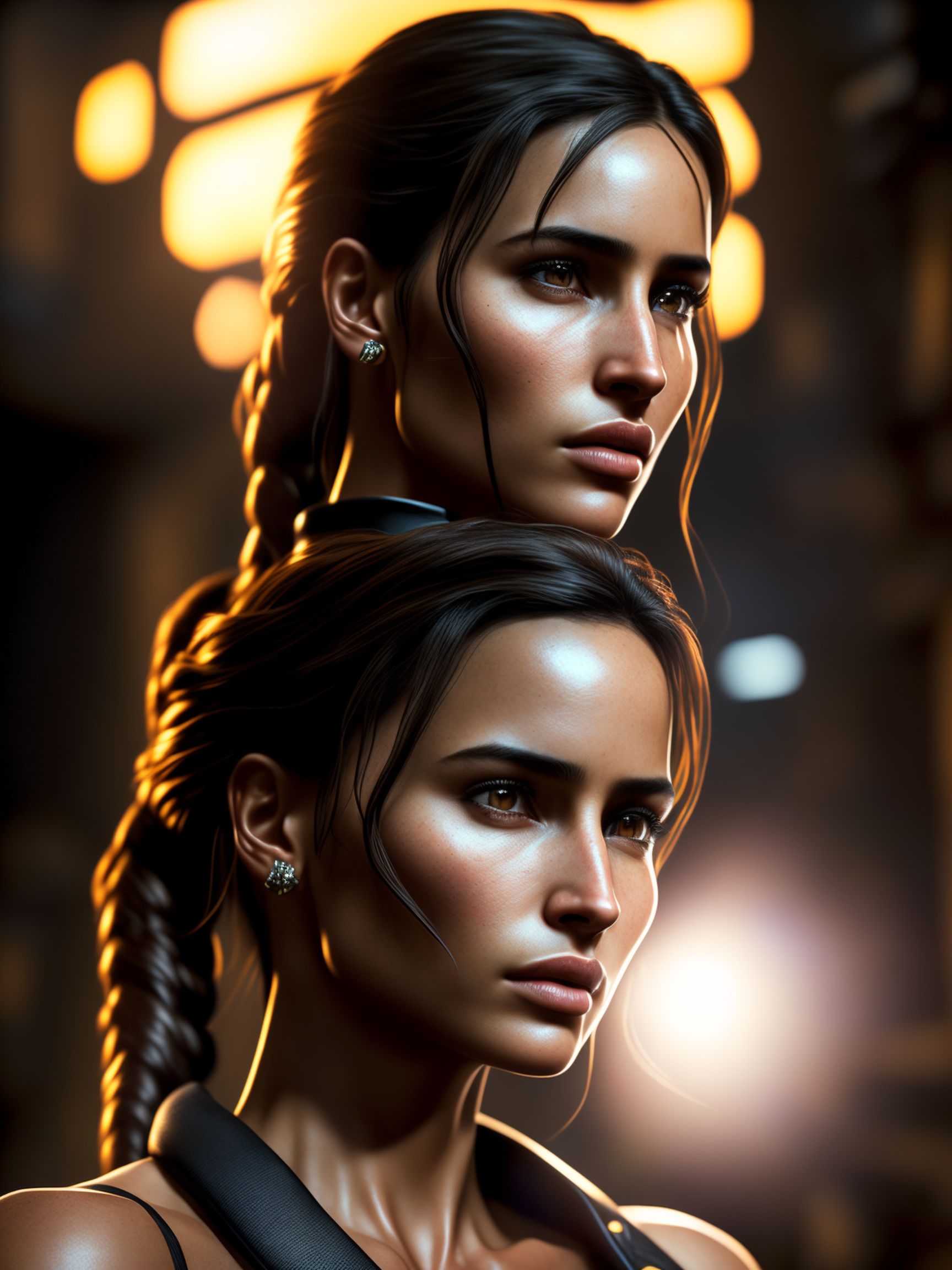 quaint-viper134: 8k hyper-realistic Unreal Engine portrait, lifelike  youthful features, smooth gradations. lara croft with a sharp look dressed  as a modern,/dictator/general the shot was taken from low angle