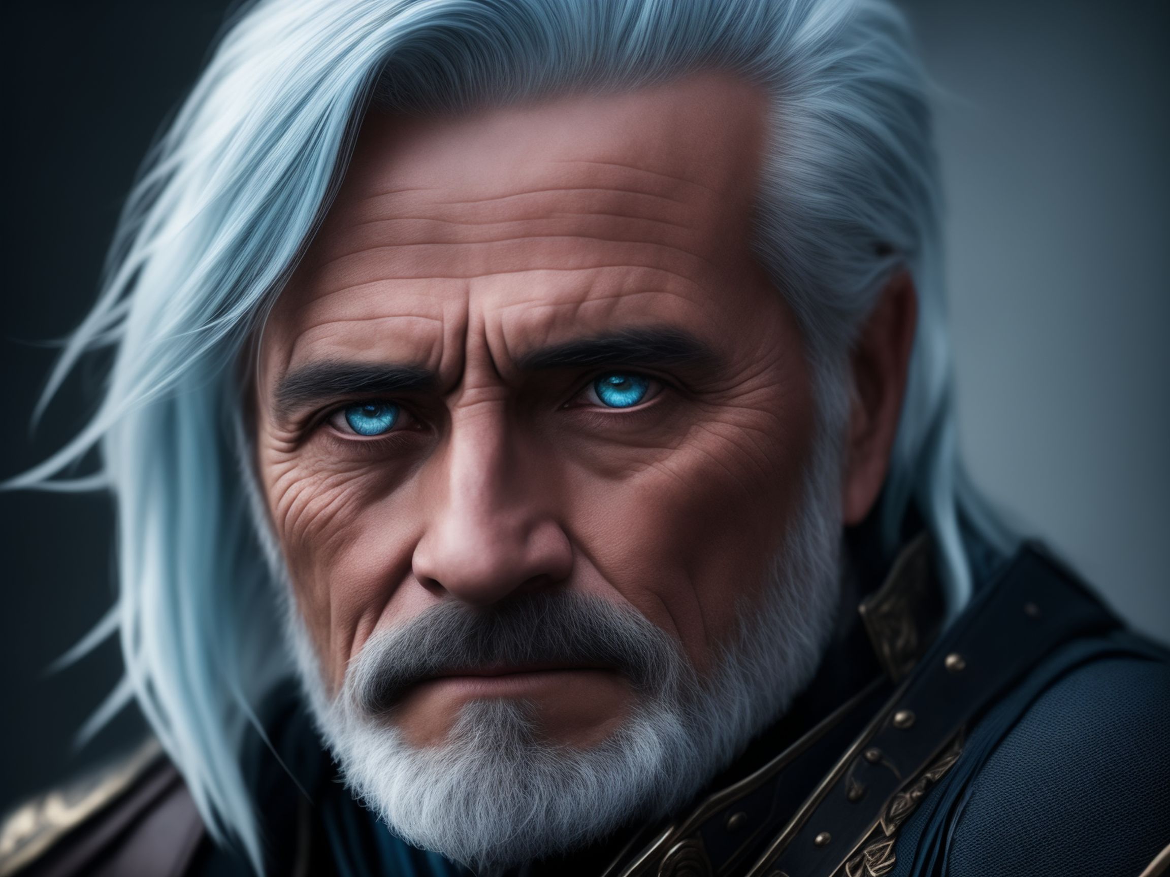 Older Male Dragon Rider Ranger. He has blue dragon eyes. Silver hair with a hint blue kept neatly in a half ponytail and a short beard. Platinum dragon companion., Cinematic, Photography, Sharp, Hasselblad, Dramatic Lighting, Depth of field, Medium shot, Soft color palette, 80mm, Incredibly high detailed, Lightroom gallery