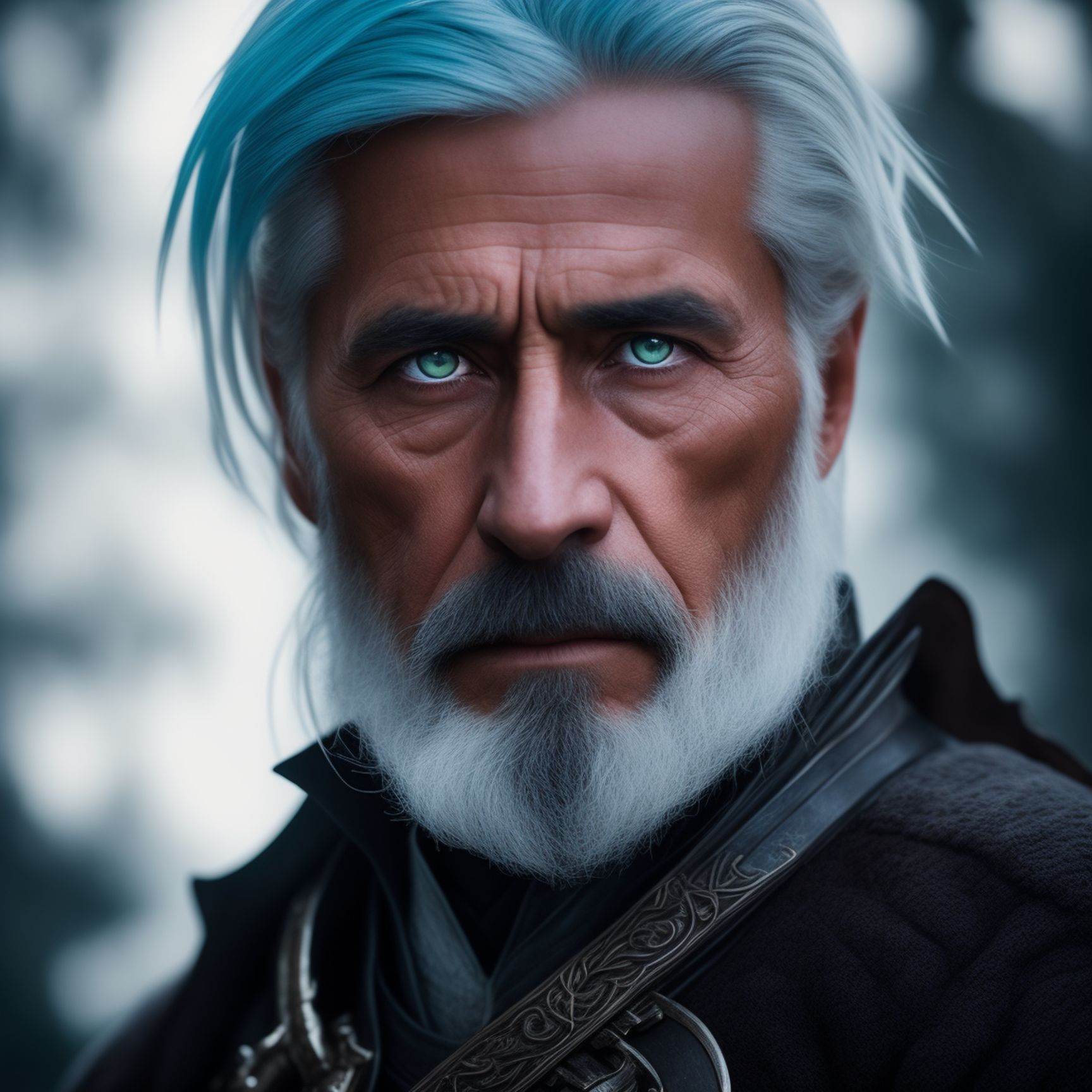 Older Male Dragon Rider Ranger. He has blue dragon eyes. Silver hair with a hint blue kept neatly in a half ponytail and a short beard. Platinum dragon companion., Cinematic, Photography, Sharp, Hasselblad, Dramatic Lighting, Depth of field, Medium shot, Soft color palette, 80mm, Incredibly high detailed, Lightroom gallery