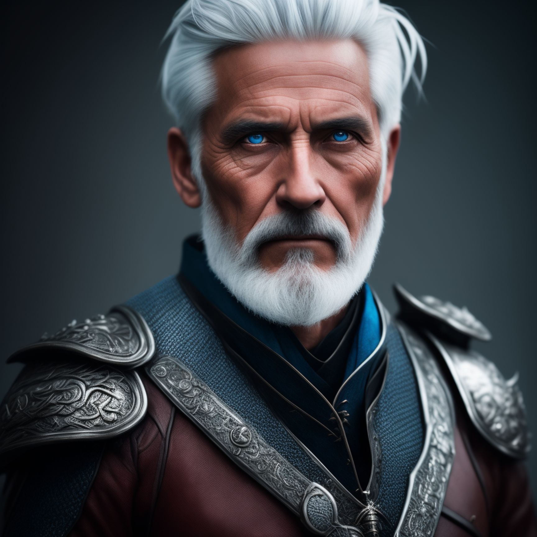 Older Male Dragon Rider Ranger. He has blue dragon eyes. Silver hair with a hint blue kept neatly in a half ponytail and a short beard. Platinum dragon companion., Cinematic, Photography, Sharp, Hasselblad, Dramatic Lighting, Depth of field, Medium shot, Soft color palette, 80mm, Incredibly high detailed, Lightroom gallery