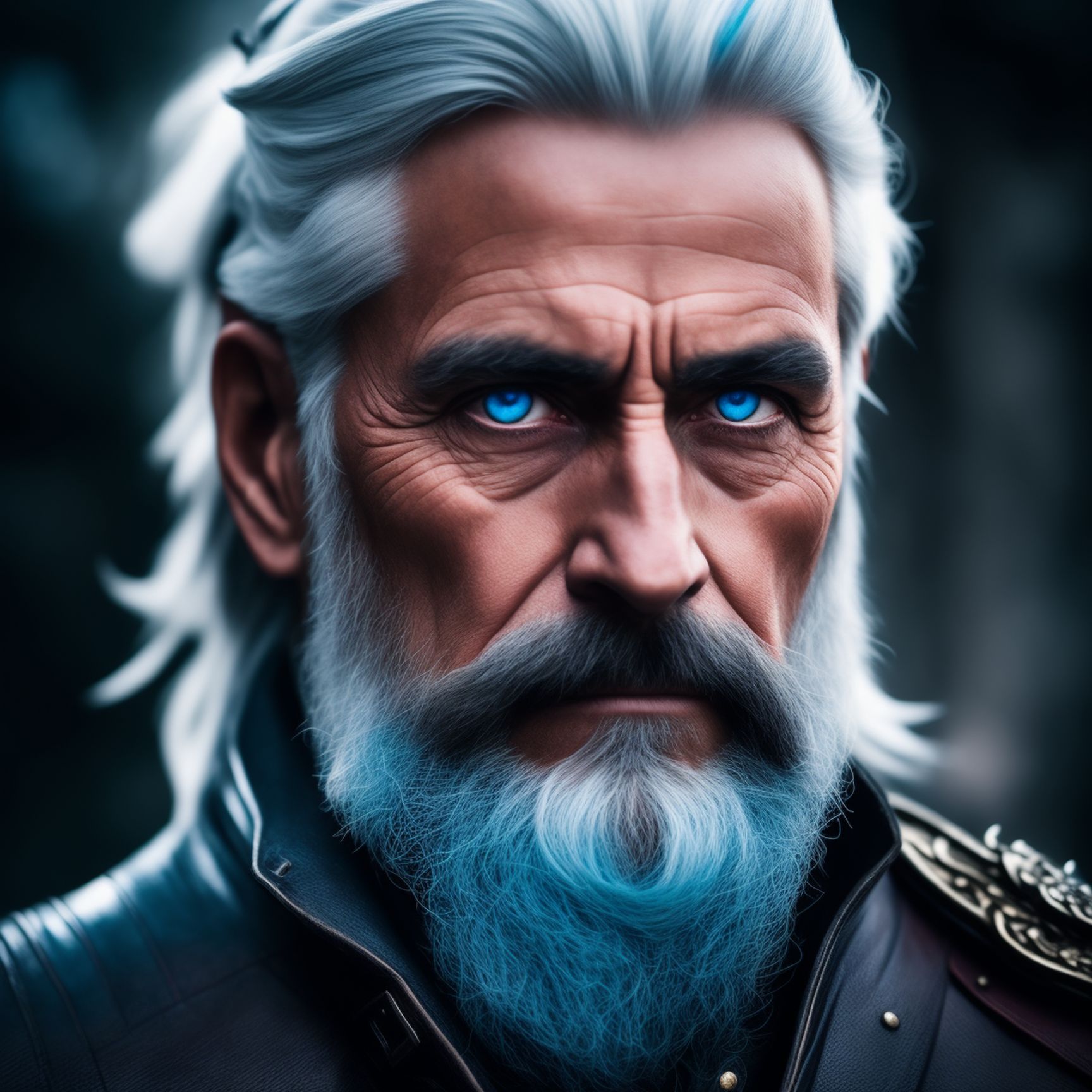 Older Male Dragon Rider Ranger. He has blue dragon eyes. Silver hair with a hint blue kept neatly in a half ponytail and a short beard. Platinum dragon companion., Cinematic, Photography, Sharp, Hasselblad, Dramatic Lighting, Depth of field, Medium shot, Soft color palette, 80mm, Incredibly high detailed, Lightroom gallery