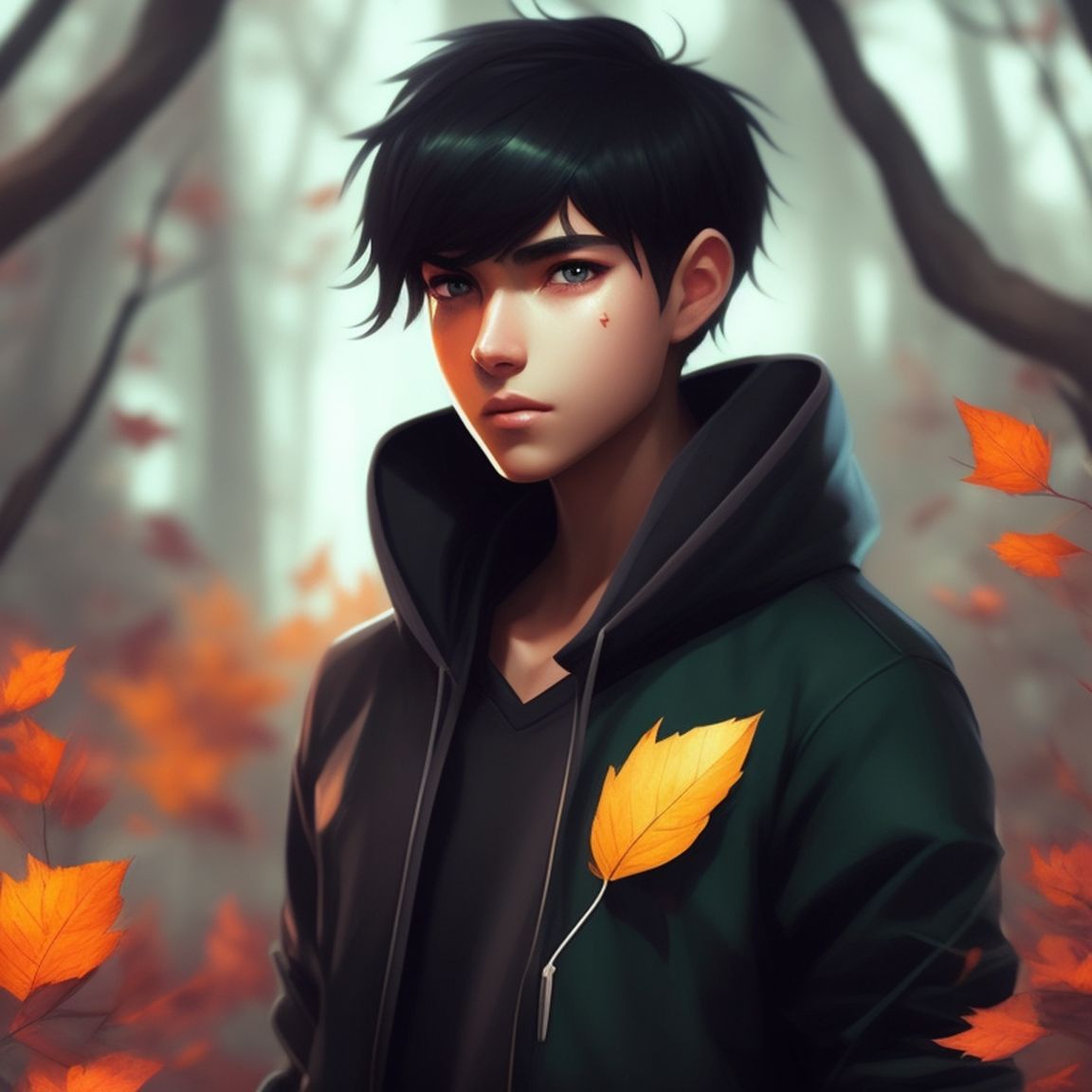 anime boy with black hair and green eyes