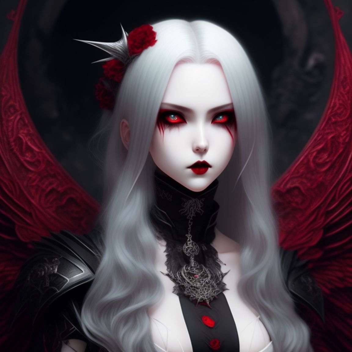 vampire anime girl with silver hair and red eyes