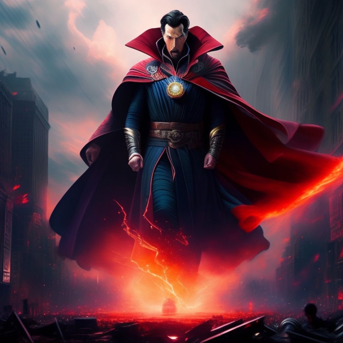 aryapratm: Doctor Strange marvel saving the universe and the people at new  york city when it's apocalypse, with a red sky and smoky air
