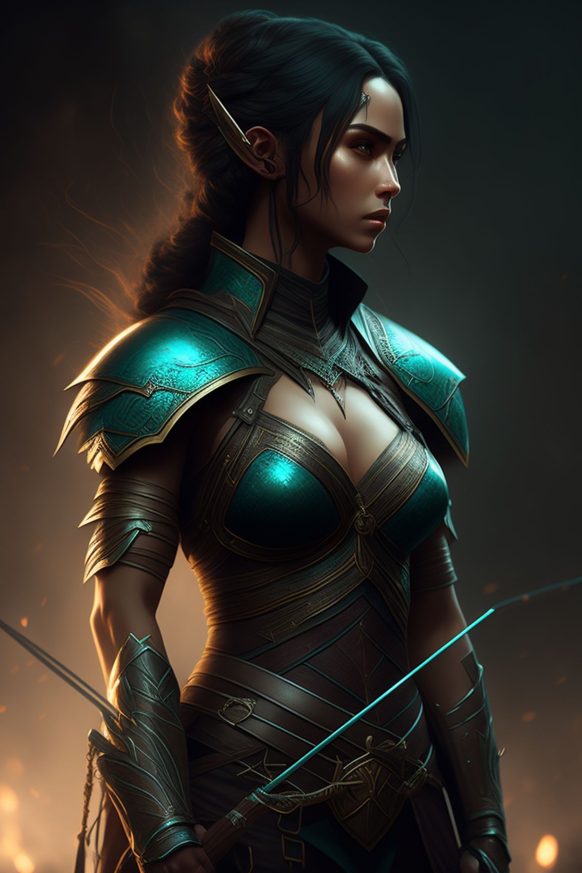 unlined-gull878: Elven archer, short teal hair, dark skin, armor, strong