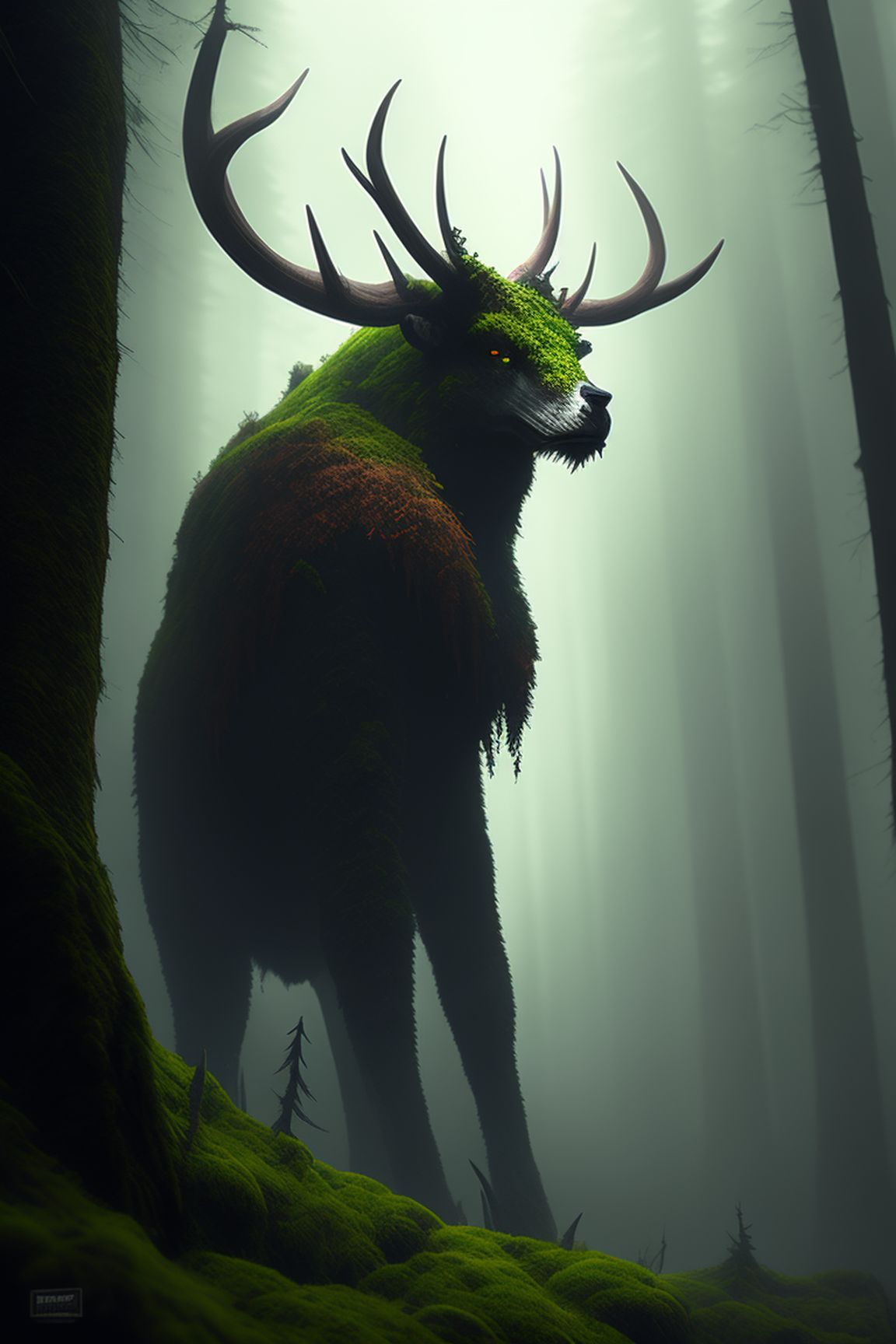 unlined-gull878: Humanoid cryptid with antlers and moss