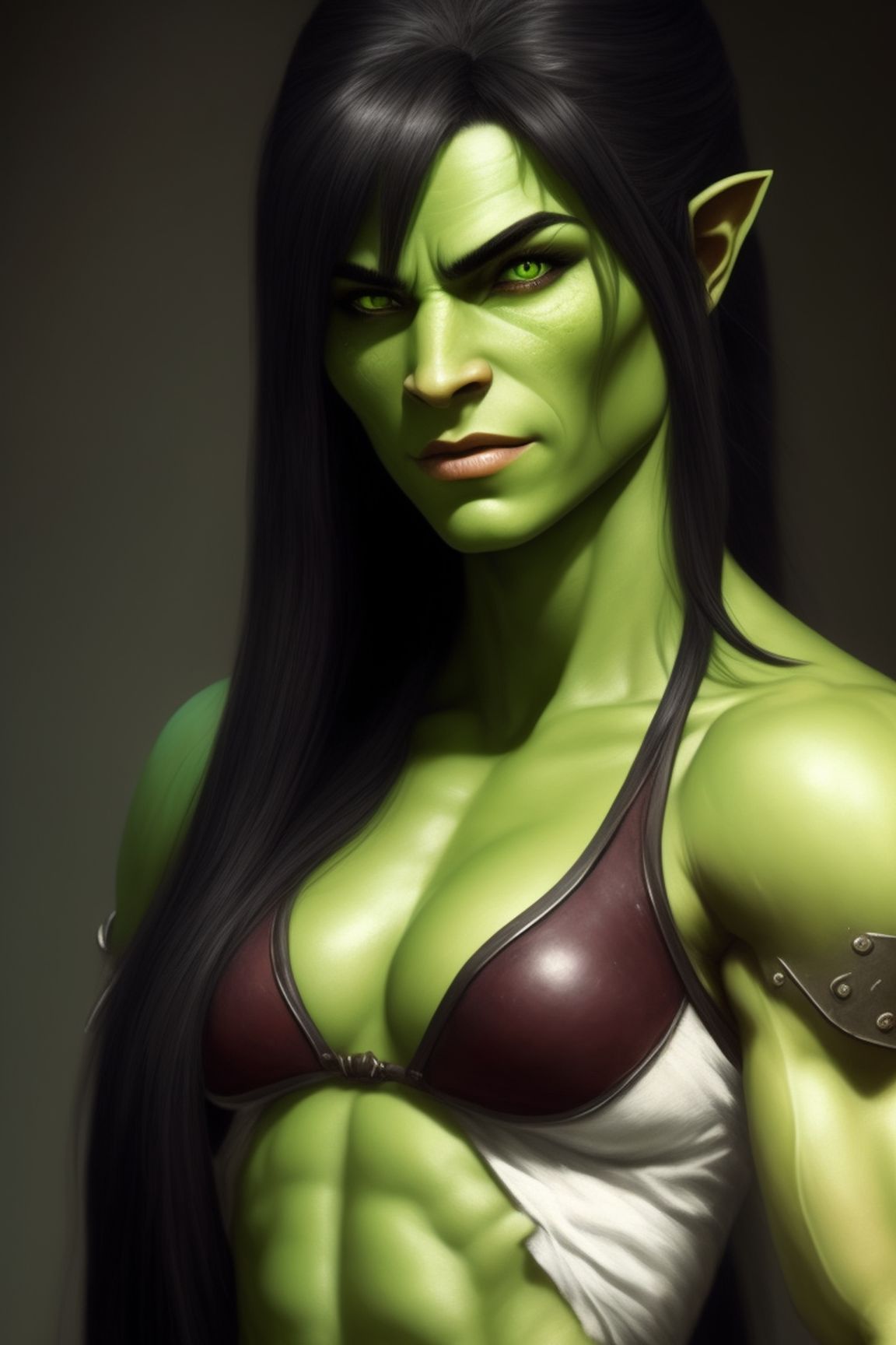 D&D portrait of, 18 year-old half orc female fighter with green skin, long black hair, and a muscular body., fantasy d&d style, Rim lighting, perfect line quality, high pretty realistic quality oil painting, art by norman rockwell, Centered, dark outlines, perfect white balance, color grading, 16K, Dynamic pose, Sharp, Sharp edges