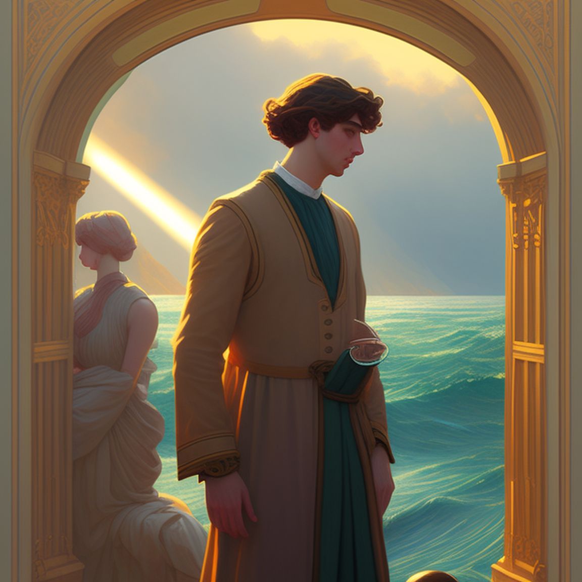 Style Edmund Blair Leighton, a man staring out at sea, surrounded by vibrant sea creatures, shimmering light rays, and a hint of mystery, Moody, Highly detailed, digital painting inspired by the art nouveau movement, with sharp focus and vivid colors reminiscent of alphonse mucha and j, c, leyendecker's works, Trending on Artstation, perfect for a fantasy novel, with art by loish and greg rutkowski.