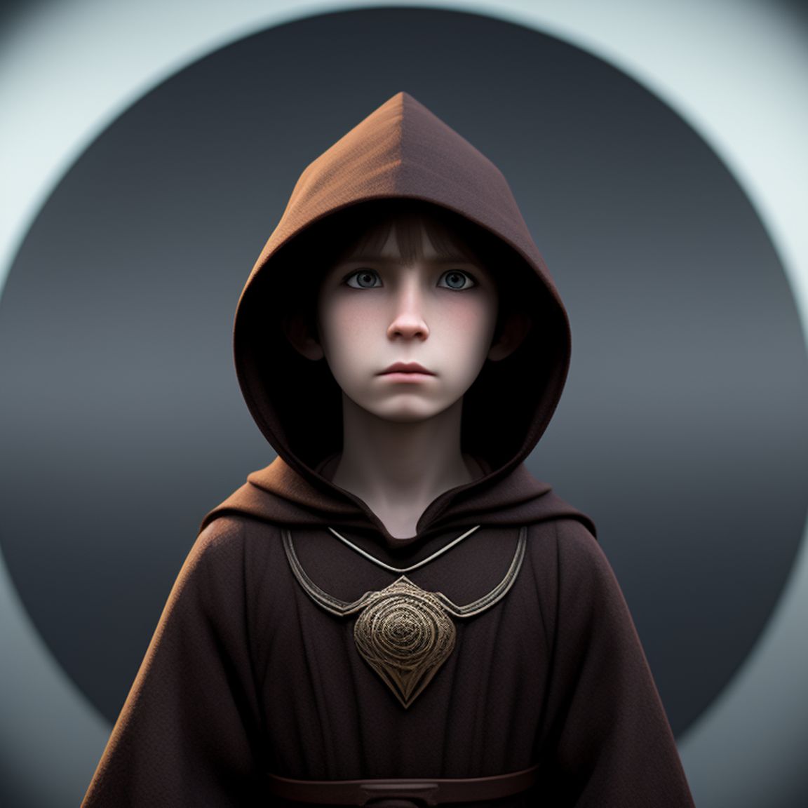 standing centered, Pixar style, 3d style, disney style, 8k, Beautiful, Wizard robes, hood, ruin, black clothing, brown hair, pale skin, brown eyes, skinny kid, apprentice sorcerer, estonian folk aesthetic, nordic fantasy, skyrim inspired, ominous shadows, expression would, cold expression , lonely child, Brown eyes, dark brown short spikey hair, anime style, magician clothes