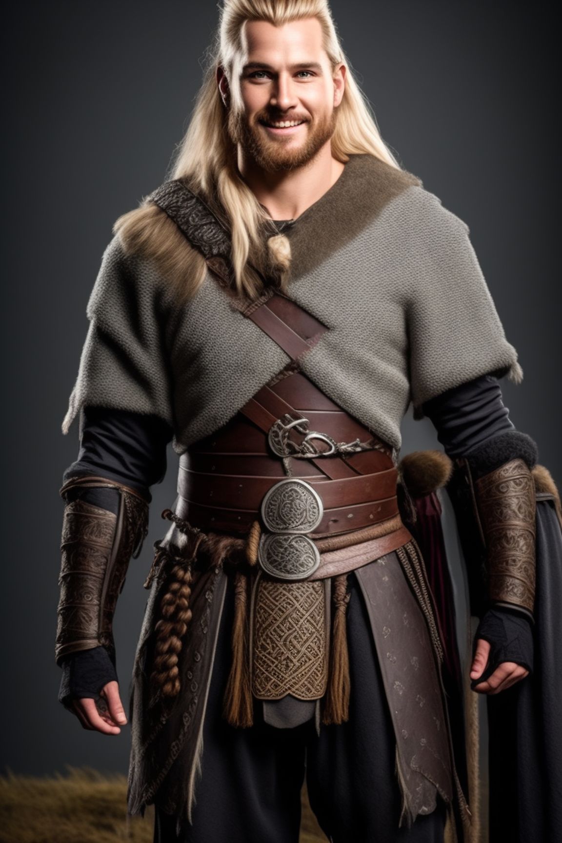 palatable-eel6: male with blonde hair smiling wearing viking clothing full  body visible