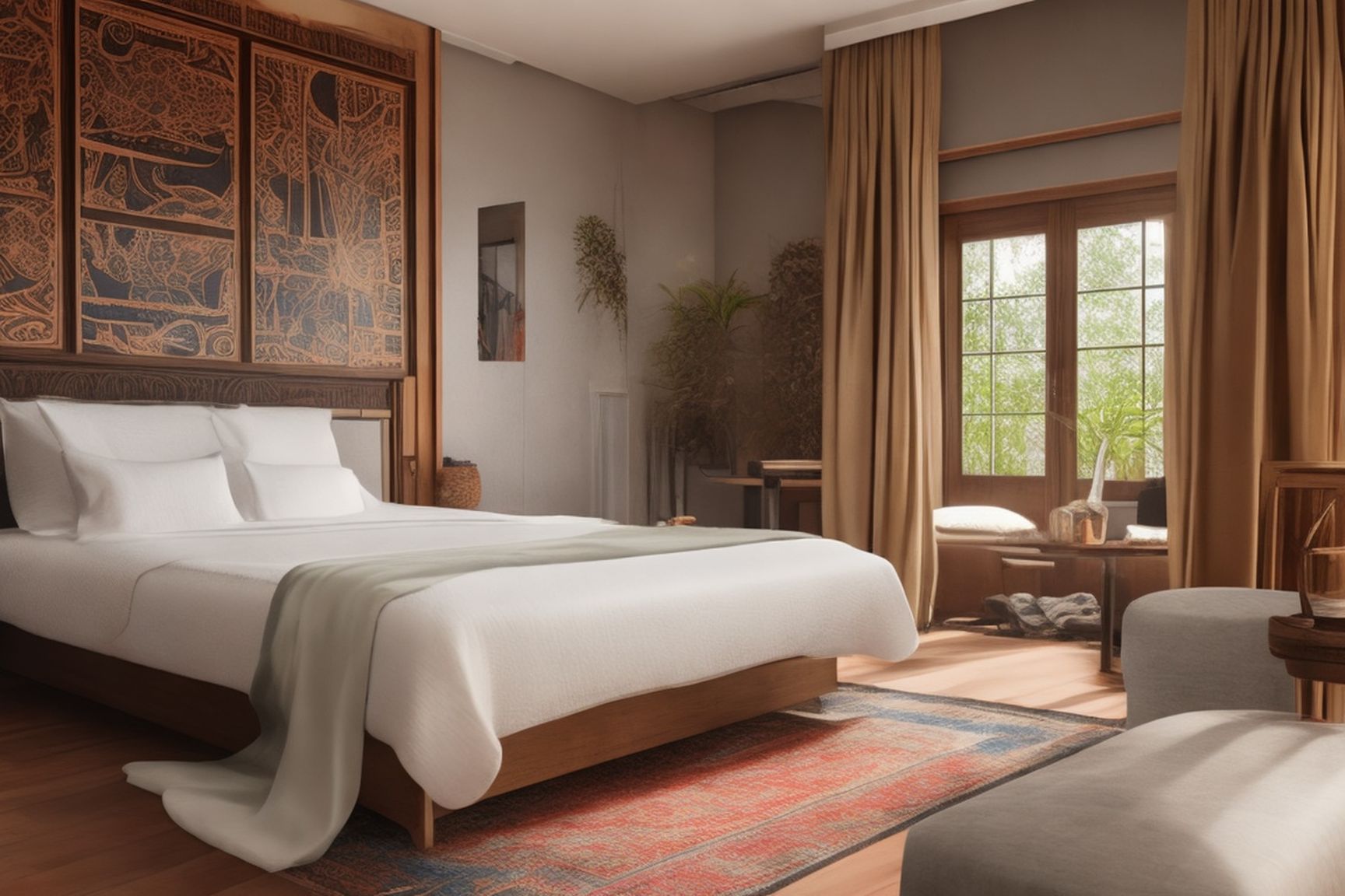 tidykoala411 bed room in the hotel, color drawing, uniform background