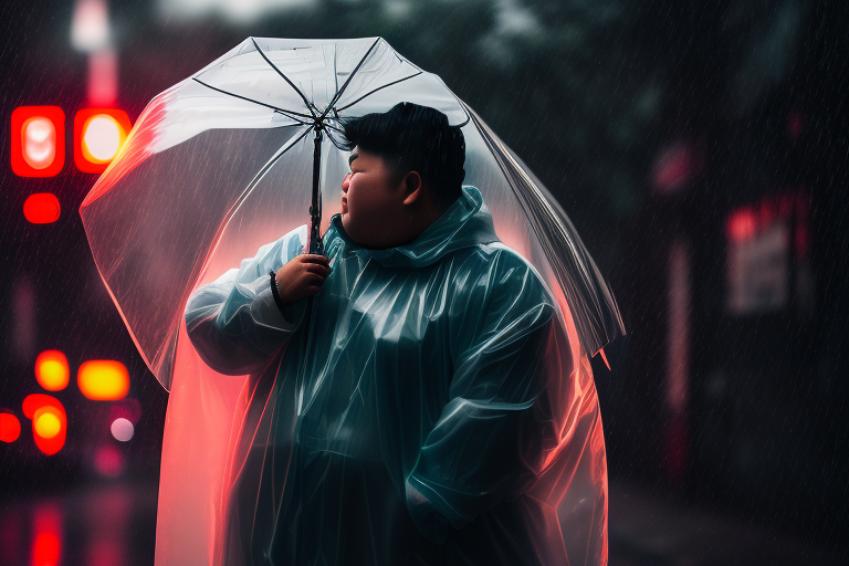 evil-turtle13: asian fatboy in transparent raincoat, hard raining