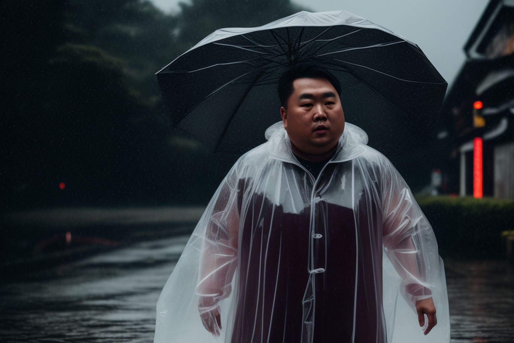 evil-turtle13: asian fatboy in transparent raincoat, hard raining