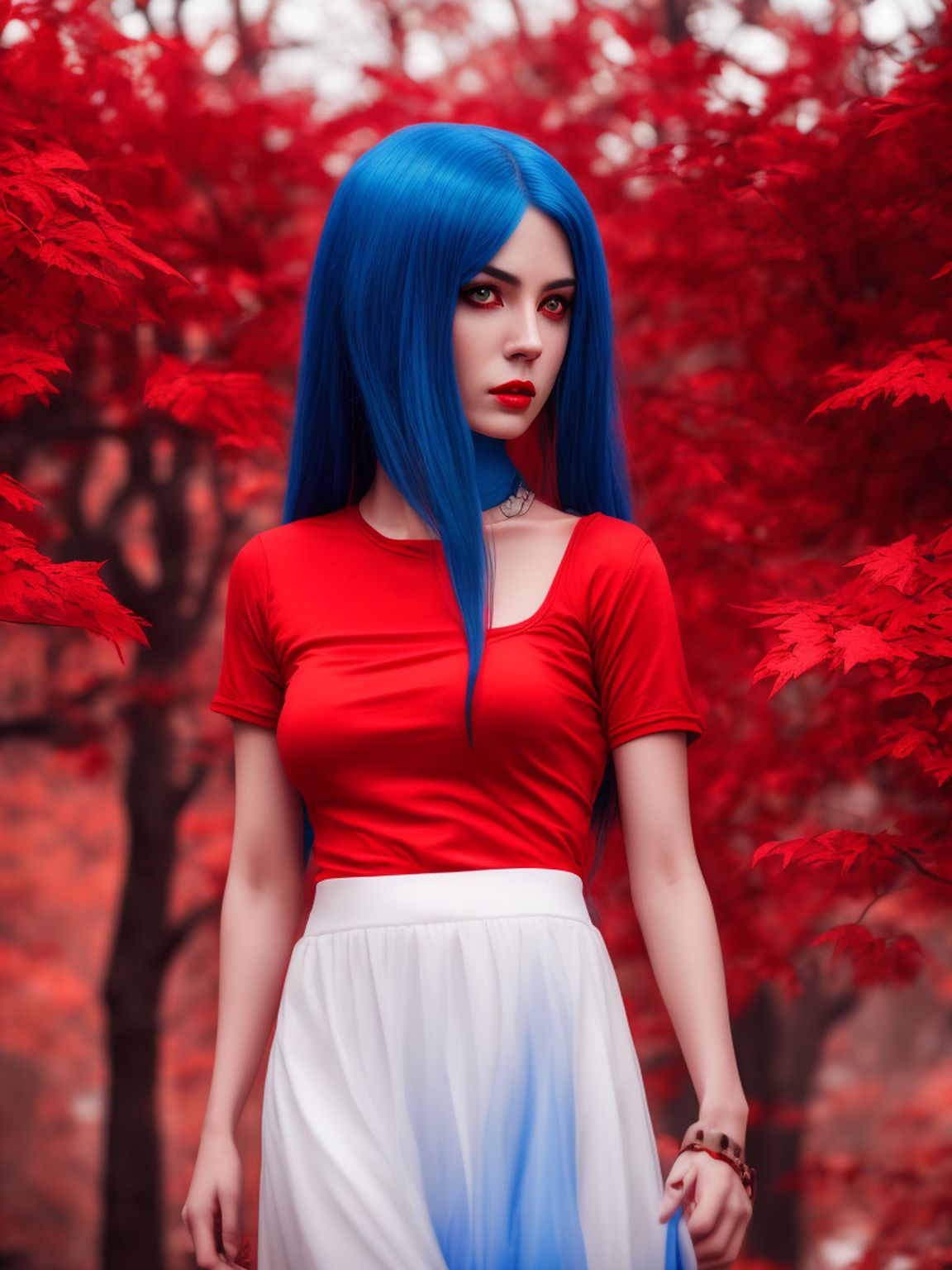 Dragonknight613 Female A Demon Long Blue Hair Wearing A Red Shirt And A White Skirt Red