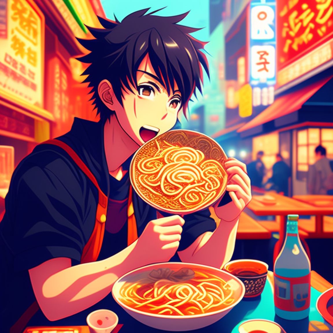 Gachabridwolf15: anime Boy eating ramen at ramen shop