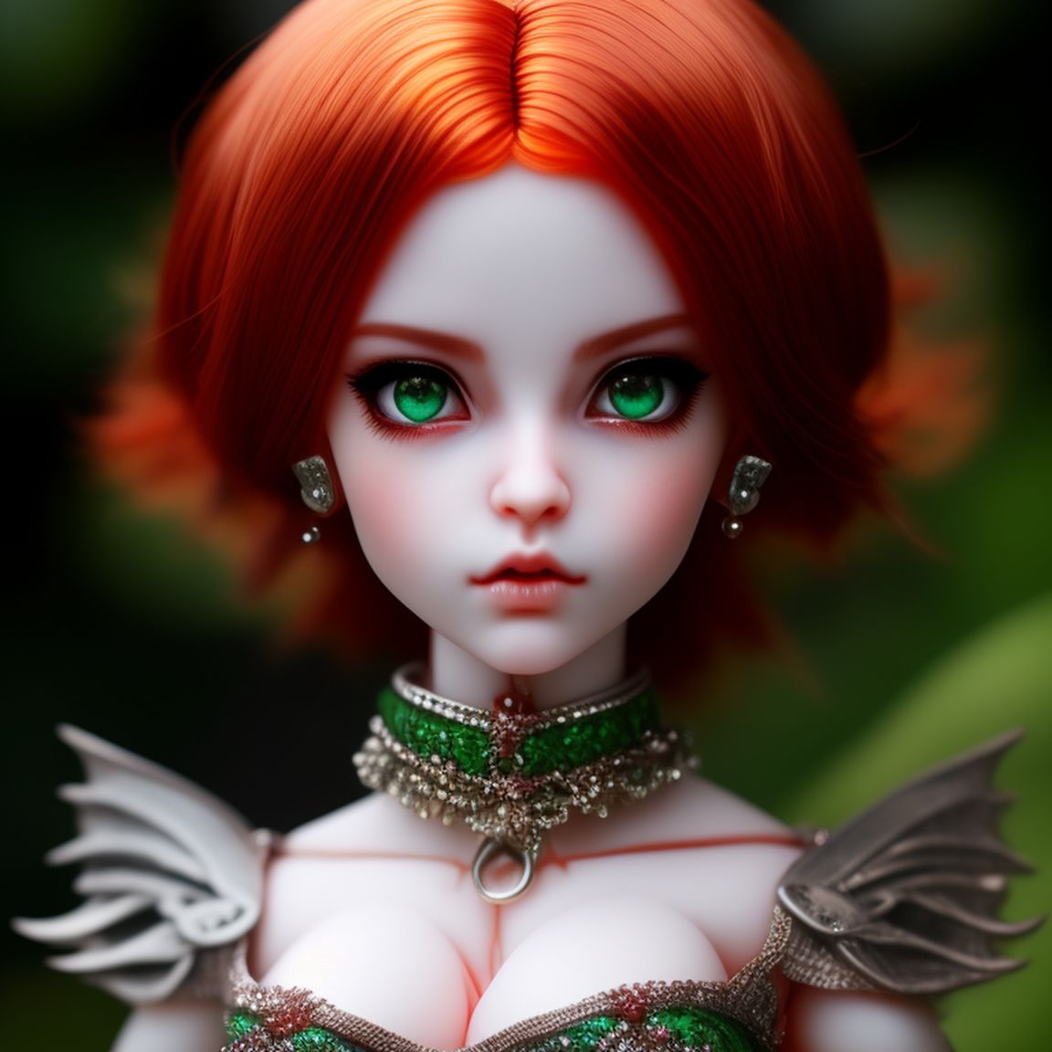 modern makeup doll face portrait toy red hair girl lying in green