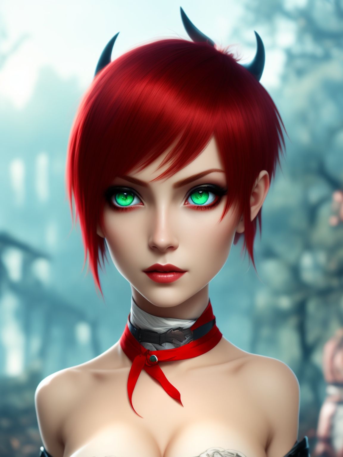 demon anime girl with red hair and red eyes