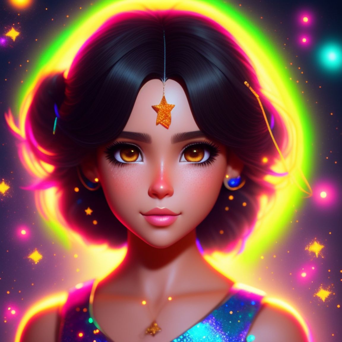 puerto rican ,short brown hair, brown eyes, girl ,  3d anime Concept art, incorporating sparkles, Glitter, and neon lights, Concept art, Highly detailed, Digital painting, Artstation, Fun, Playful, Trendy, by lisa hanawalt and sara pichelli and jen bartel and chris riddell and vashti harrison