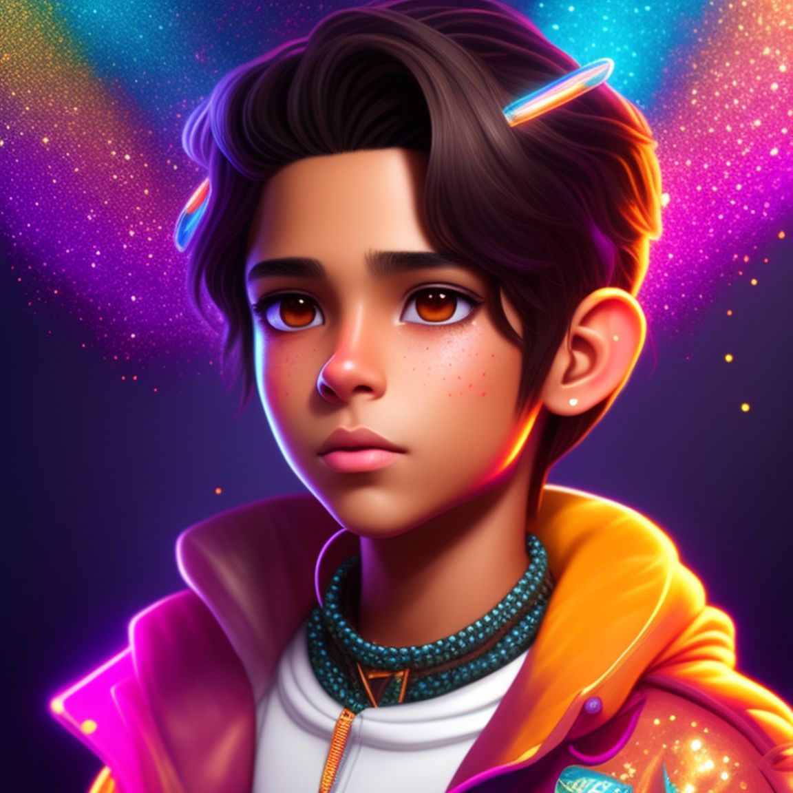 puerto rican , brown hair, brown eyes, boy ,  3d anime Concept art, incorporating sparkles, Glitter, and neon lights, Concept art, Highly detailed, Digital painting, Artstation, Fun, Playful, Trendy, by lisa hanawalt and sara pichelli and jen bartel and chris riddell and vashti harrison