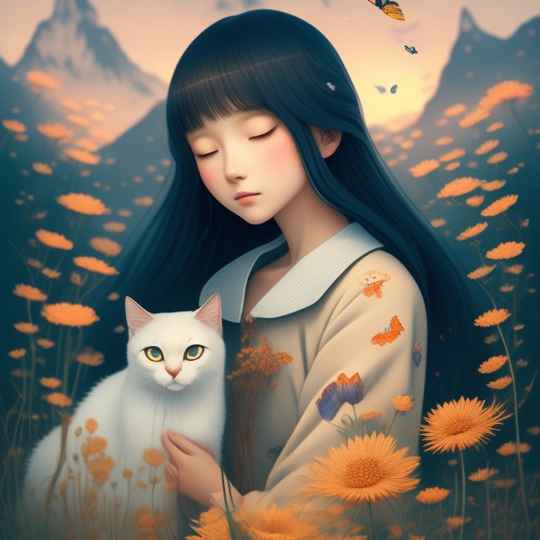 Naruto with doraemon In the mountain scenery, surrounded by butterflies, - a stunning digital portrait of a young woman and her feline companion in a field of wildflowers, bathed in warm sunlight, featuring intricate detailing, Sharp focus, and a dreamy atmosphere, art by audrey kawasaki and ilya kuvshinov, with a hint of vintage vibes inspired by alphonse mucha and art nouveau.
