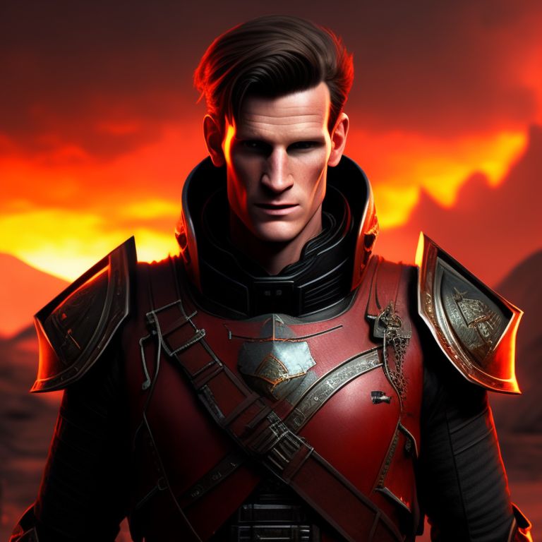 Matt Smith with red dragon skin costume in the war, with a burning sky in the background, digital painting resembling fallout style, Highly detailed, Dark, ominous, Trending on Artstation, art by zhong yun long and syn studio, sharp focus.