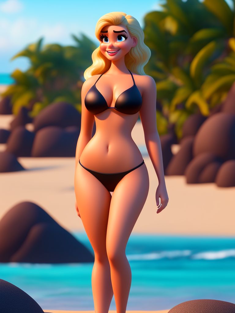 decent-snake517: Tall young blonde in a black micro bikini. Hourglass  figure, voluptuous. Smiling. Beach. Large thighs. Wide hips, thin waist
