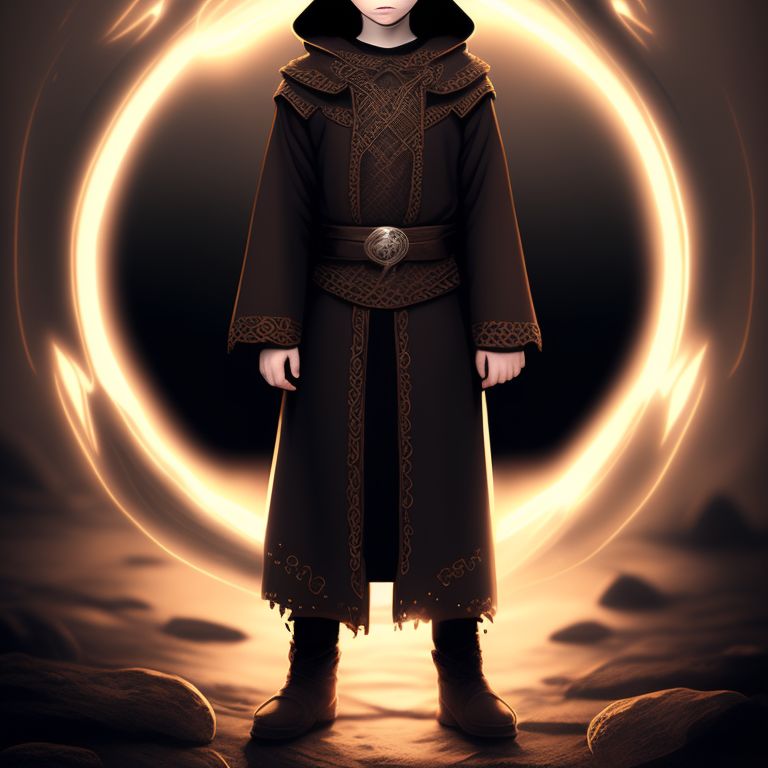 standing centered, disney style, 8k, Beautiful, Wizard robes, hood, ruin, black clothing, brown hair, pale skin, brown eyes, skinny kid, apprentice sorcerer, estonian folk aesthetic, nordic fantasy, skyrim inspired, ominous shadows, expression would, cold expression , lonely child, Brown eyes, dark brown short spikey hair, anime style, magician clothes, Full body, Comic style