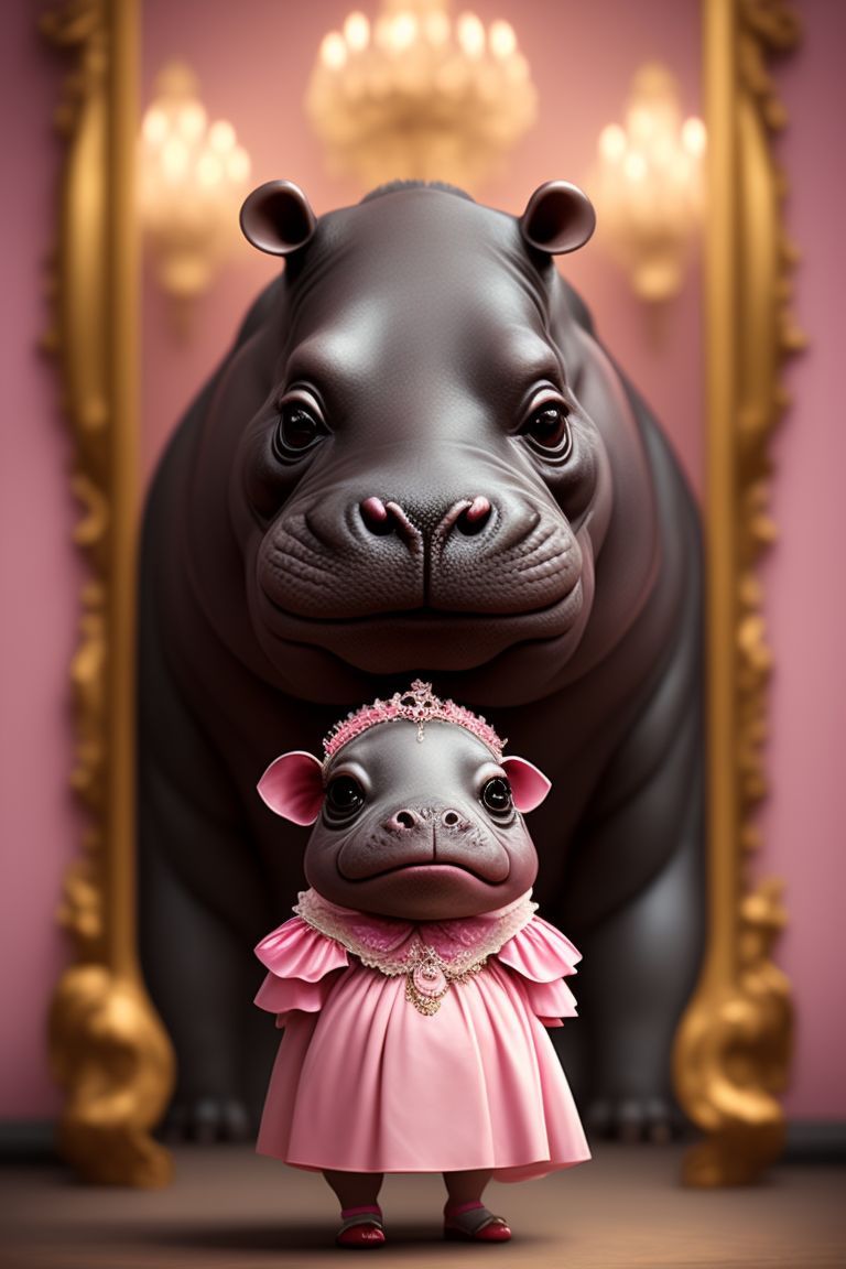 roughdunlin906 rococo style, hippo anthropomorphic, pink dress, marie