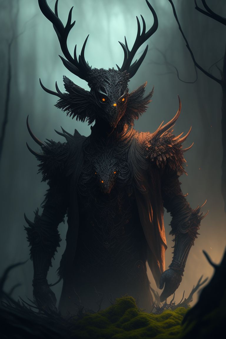unlined-gull878: Faerie creature humanoid with antlers and moss